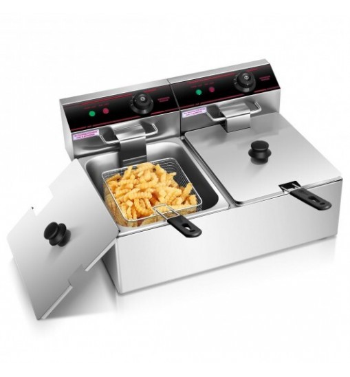 3400W Dual Tank Electric Countertop Deep Fryer - Color: Silver