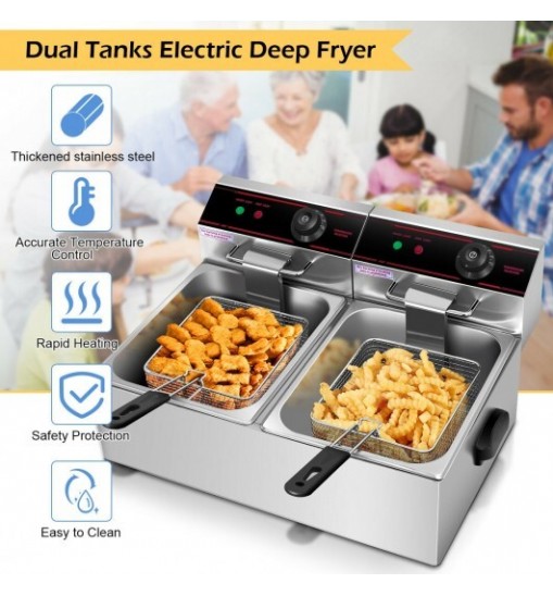 3400W Dual Tank Electric Countertop Deep Fryer - Color: Silver