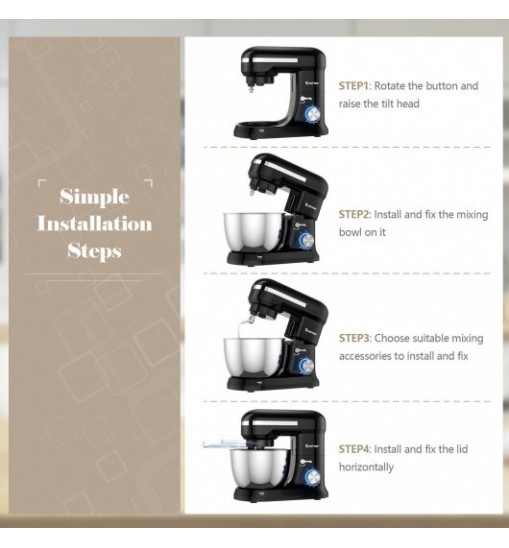 4.8 Qt 8-speed Electric Food Mixer with Dough Hook Beater-Black - Color: Black