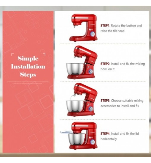 4.8 Qt 8-speed Electric Food Mixer with Dough Hook Beater-Red - Color: Red