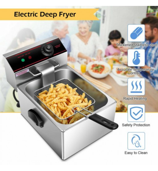 1700W Single Electric Deep Fryer with Basket Scoop Unit - Color: Silver