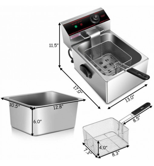 1700W Single Electric Deep Fryer with Basket Scoop Unit - Color: Silver