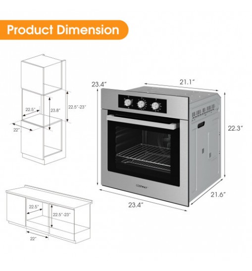 24 Inch Single Wall Oven 2.47Cu.ft with 5 Cooking Modes-Silver - Color: Silver