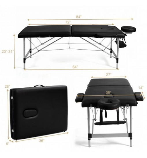 84 Inch L Portable Adjustable Massage Bed with Carry Case for Facial Salon Spa -Black - Color: Black