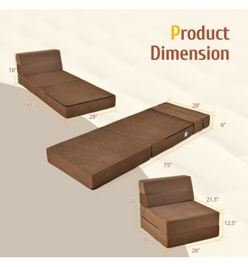 Tri-Fold Folding Chair Convertible Sleeper Bed-Brown - Color: Brown