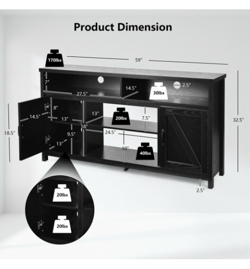 59 Inch TV Stand Media Center Console Cabinet with Barn Door for TV's 65 Inch-Black - Color: Black - Size: 59 inches