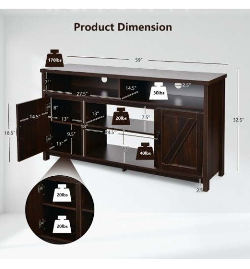 59 Inch TV Stand Media Center Console Cabinet with Barn Door for TV's 65 Inch-Brown - Color: Brown - Size: 59 inches