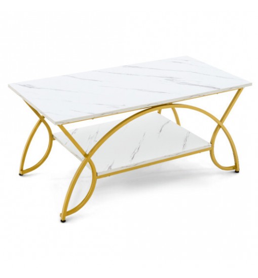 2-Tier Coffee Table Gold Rectangle for Living Room-Golden - Color: Golden