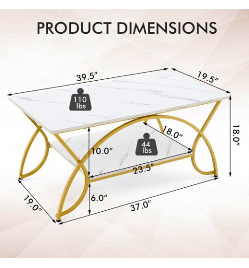 2-Tier Coffee Table Gold Rectangle for Living Room-Golden - Color: Golden