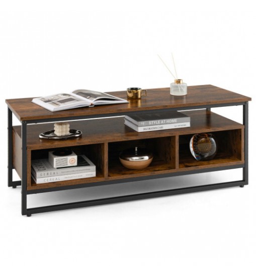 3-Tier Industrial Style Coffee Table with Open Shelf and 3 Storage Cubbies-Rustic Brown - Color: Rustic Brown