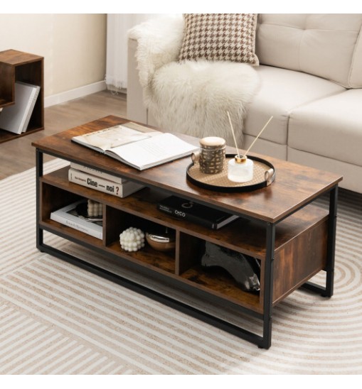 3-Tier Industrial Style Coffee Table with Open Shelf and 3 Storage Cubbies-Rustic Brown - Color: Rustic Brown