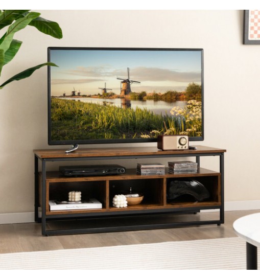 3-Tier Industrial Style Coffee Table with Open Shelf and 3 Storage Cubbies-Rustic Brown - Color: Rustic Brown