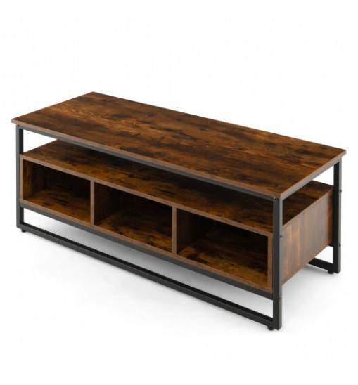 3-Tier Industrial Style Coffee Table with Open Shelf and 3 Storage Cubbies-Rustic Brown - Color: Rustic Brown