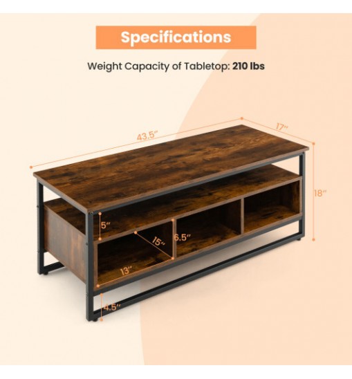 3-Tier Industrial Style Coffee Table with Open Shelf and 3 Storage Cubbies-Rustic Brown - Color: Rustic Brown