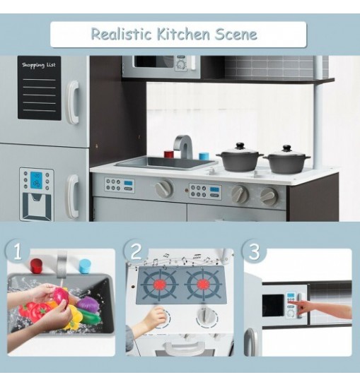 Kids Pretend Play Kitchen Cooking Set with Simulated Sound - Color: Gray