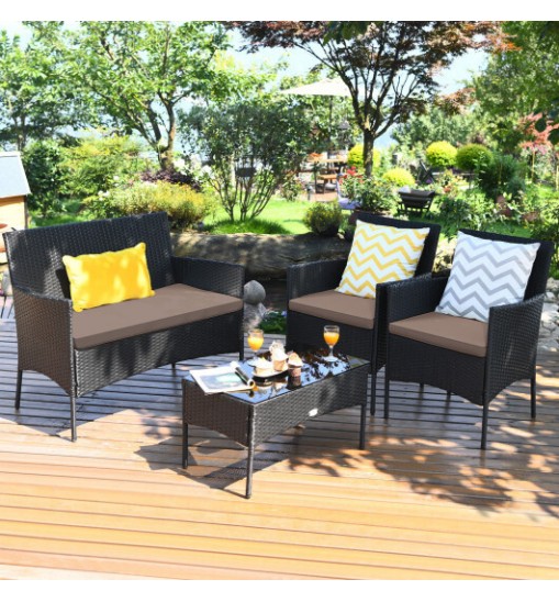 4 Pieces Patio Rattan Cushioned Sofa Set with Tempered Glass Coffee Table-Gray & Off White - Color: Gray & Off White