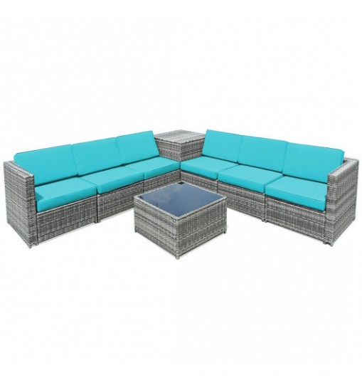 8 Piece Wicker Sofa Rattan Dinning Set Patio Furniture with Storage Table-Turquoise - Color: Turquoise