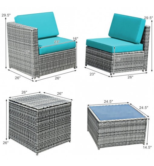 8 Piece Wicker Sofa Rattan Dinning Set Patio Furniture with Storage Table-Turquoise - Color: Turquoise