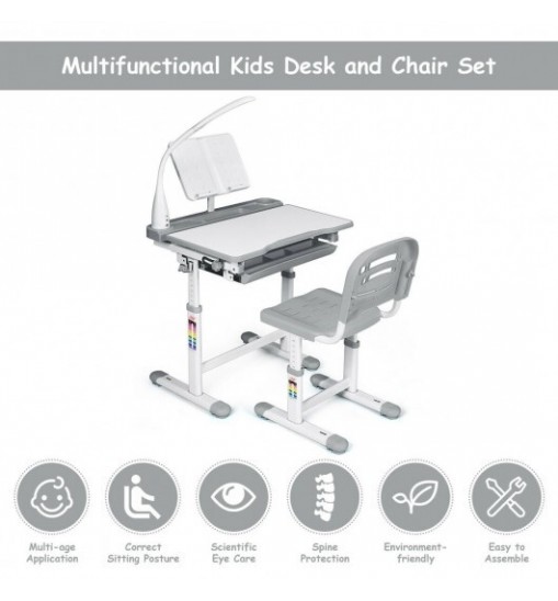 Adjustable Kids Desk Chair Set with Lamp and Bookstand-Gray - Color: Gray