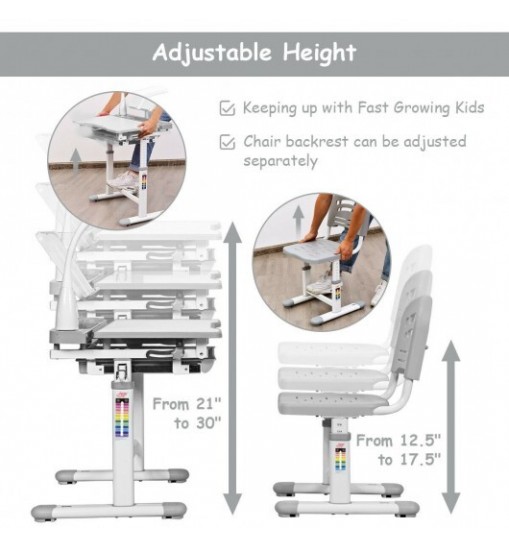 Adjustable Kids Desk Chair Set with Lamp and Bookstand-Gray - Color: Gray