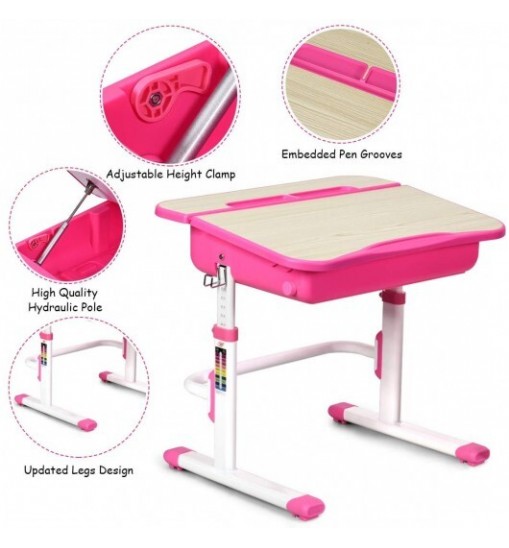 Kids Desk and Chair Set Children's Study Table Storage-Pink - Color: Pink