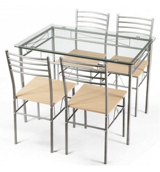 5 Pieces Dining Set Glass Table and 4 Chairs - Color: Natural