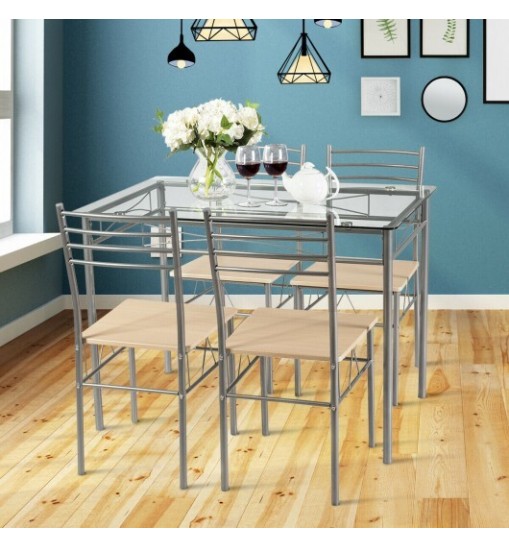 5 Pieces Dining Set Glass Table and 4 Chairs - Color: Natural