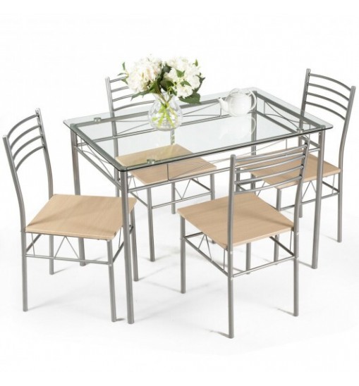 5 Pieces Dining Set Glass Table and 4 Chairs - Color: Natural