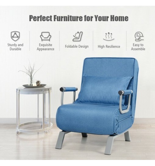 Folding 6 Position Convertible Sleeper Bed Armchair Lounge Couch with Pillow-Blue - Color: Blue