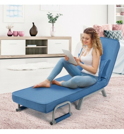 Folding 6 Position Convertible Sleeper Bed Armchair Lounge Couch with Pillow-Blue - Color: Blue