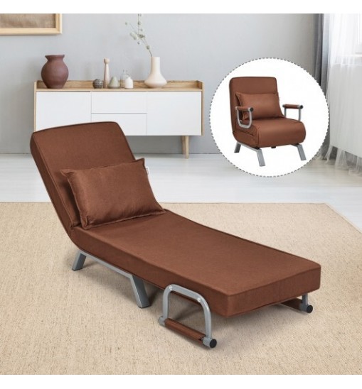 Folding 6 Position Convertible Sleeper Bed Armchair Lounge Couch with Pillow-Brown - Color: Brown