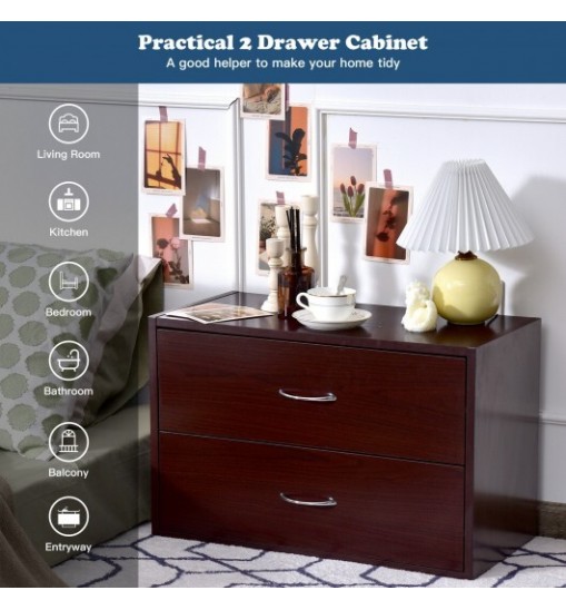 2-Drawer Dresser Horiztonal Organizer End Table Nightstand with Handle Wood-Brown - Color: Brown