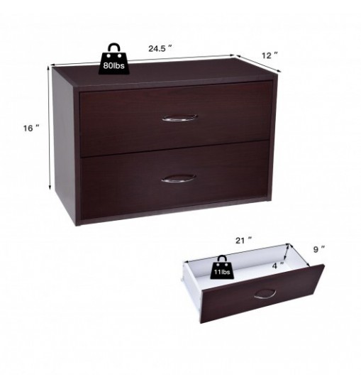 2-Drawer Dresser Horiztonal Organizer End Table Nightstand with Handle Wood-Brown - Color: Brown