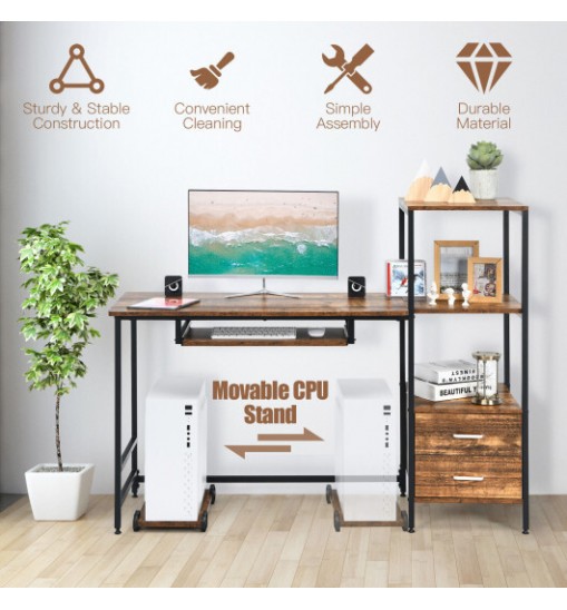 55.5 Inch Computer Desk with Movable Stand and Bookshelves-Rustic Brown - Color: Rustic Brown