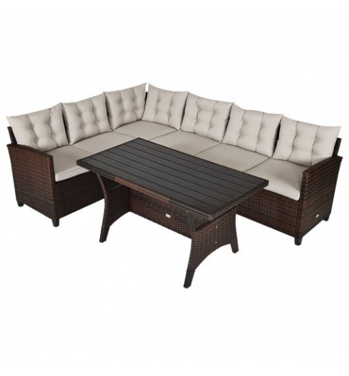 3 Pieces Hand-Woven Rattan Outdoor Sofa Set with Dining Table - Color: Brown