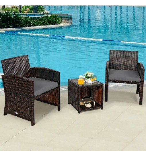 3 Pieces PE Rattan Wicker Furniture Set with Cushion Sofa Coffee Table for Garden-Gray - Color: Gray