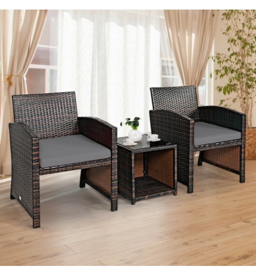 3 Pieces PE Rattan Wicker Furniture Set with Cushion Sofa Coffee Table for Garden-Gray - Color: Gray