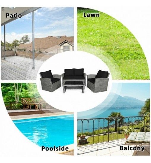 4 Pieces Patio Rattan Furniture Set Sofa Table with Storage Shelf Cushion-Black - Color: Black