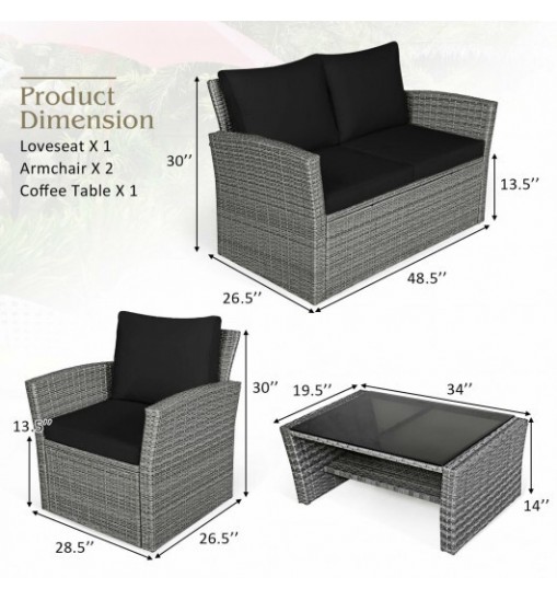 4 Pieces Patio Rattan Furniture Set Sofa Table with Storage Shelf Cushion-Black - Color: Black