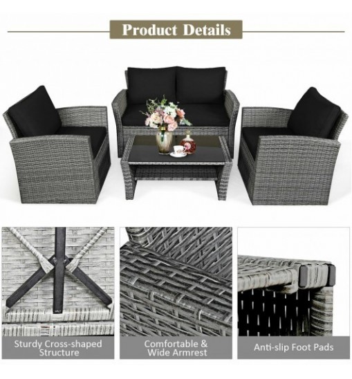 4 Pieces Patio Rattan Furniture Set Sofa Table with Storage Shelf Cushion-Black - Color: Black