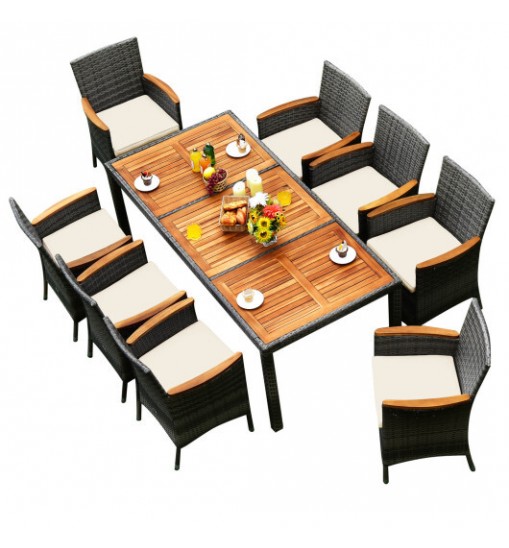 9 Pieces Rattan Patio Dining Set with Acacia Wood Table and Cushioned Chair - Color: Gray