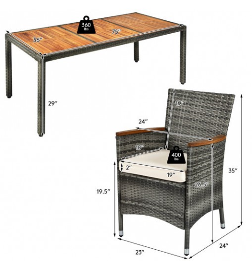 9 Pieces Rattan Patio Dining Set with Acacia Wood Table and Cushioned Chair - Color: Gray