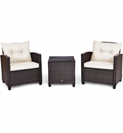 3 Pcs Patio Rattan Furniture Set Cushioned Conversation Set Coffee Table  - Color: White