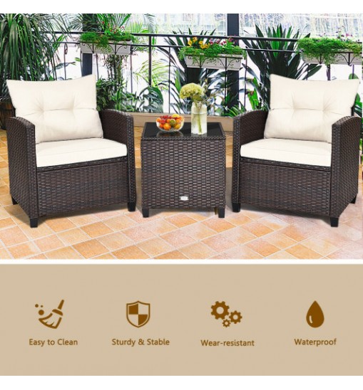 3 Pcs Patio Rattan Furniture Set Cushioned Conversation Set Coffee Table  - Color: White