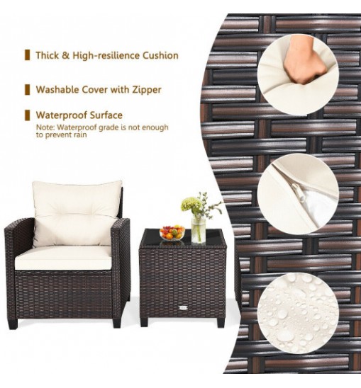 3 Pcs Patio Rattan Furniture Set Cushioned Conversation Set Coffee Table  - Color: White