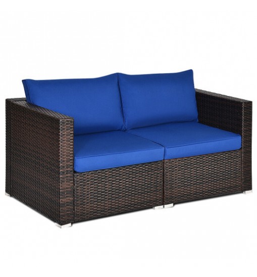 2PCS Patio Rattan Sectional Conversation Sofa Set-Navy - Color: Navy