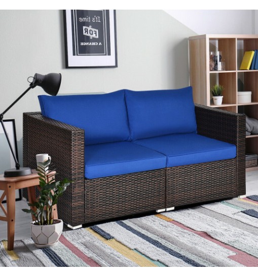 2PCS Patio Rattan Sectional Conversation Sofa Set-Navy - Color: Navy