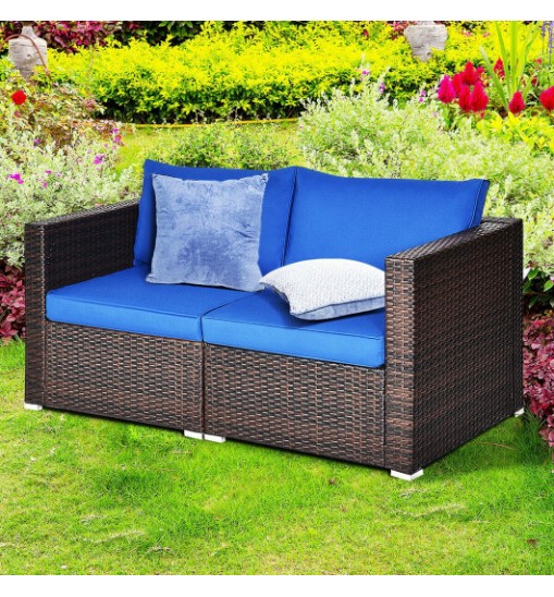 2PCS Patio Rattan Sectional Conversation Sofa Set-Navy - Color: Navy