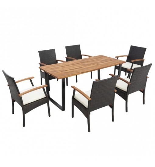 7 Pieces Outdoor Wicker Chair and Dining Table Set-Wood Handrail - Color: Black