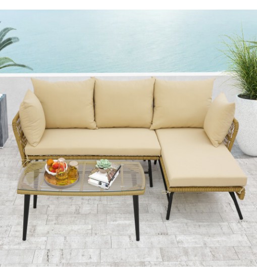 3 Pieces L-Shaped Patio Sofa with Cushions and Tempered Glass Table-Beige - Color: Beige